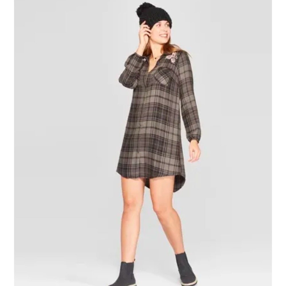 Knox Rose Women Gray Black Plaid Floral Embroidered Button Front Shirt Dress L
